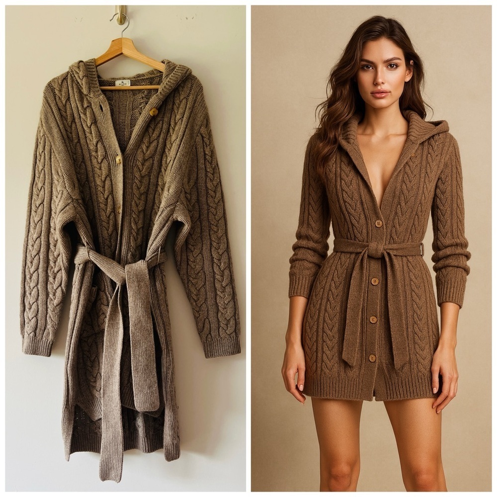 Etro Cashmere Cable Knit Hooded Belted Cardigan Brown Size L​​